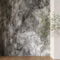 Natural Rock Texture Background Wall With White Pillar Green Plant And Wooden Floor