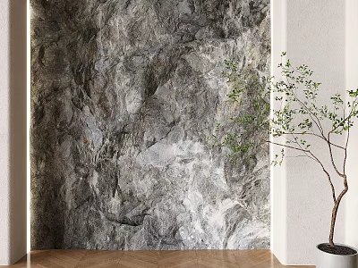 Natural Rock Texture Background Wall With White Pillar Green Plant And Wooden Floor 3d model