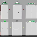 Grey Fire Doors With Red Fire Equipment And Green Emergency Exit Signs