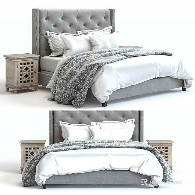 Comfortable Double Bed with Tufted Gray Headboard White Bedding and Wooden Nightstands 3d model 