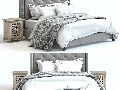 Comfortable Double Bed with Tufted Gray Headboard White Bedding and Wooden Nightstands 3d model