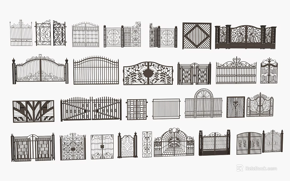 Various Wrought Iron Gate Designs With Decorative Patterns And Scrollwork 3d model 