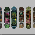 Colorful Skateboard Decks Six Different Color And Pattern Designs Arranged Together On White Background