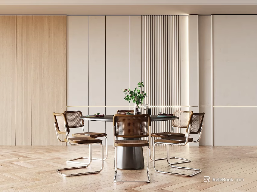 Modern Dining Table Set With Chairs Plant Decoration Herringbone Floor And Wooden Walls 3d model 