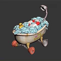 Cute Bathtub with Red Wheels Blue Bubbles Yellow Rubber Duck and Colorful Toys