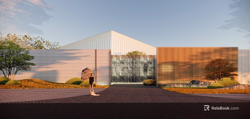 Modern Scenic Wall Architectural Design With Glass Wooden Cladding And Greenery Exterior 3d model 