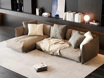 Modern Living Room Sectional Sofa With Light Brown Throw Pillows Throw Blanket And Decorative Books 3d model