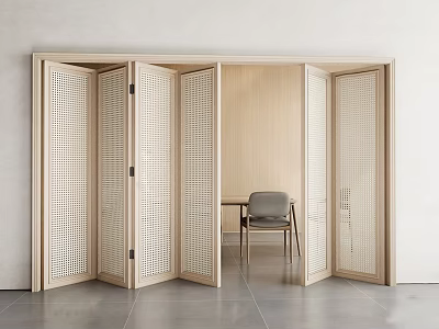 Minimalist Wooden Folding Doors With Perforated Design Open To Room With Table And Chair 3d model
