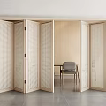Minimalist Wooden Folding Doors With Perforated Design Open To Room With Table And Chair