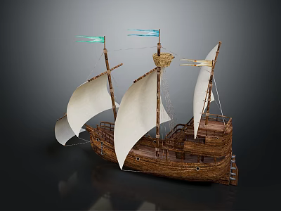 Wooden Ship with White Sails Blue Green Flags Masts and Deck Design 3d model