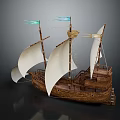 Wooden Ship with White Sails Blue Green Flags Masts and Deck Design 3d model
