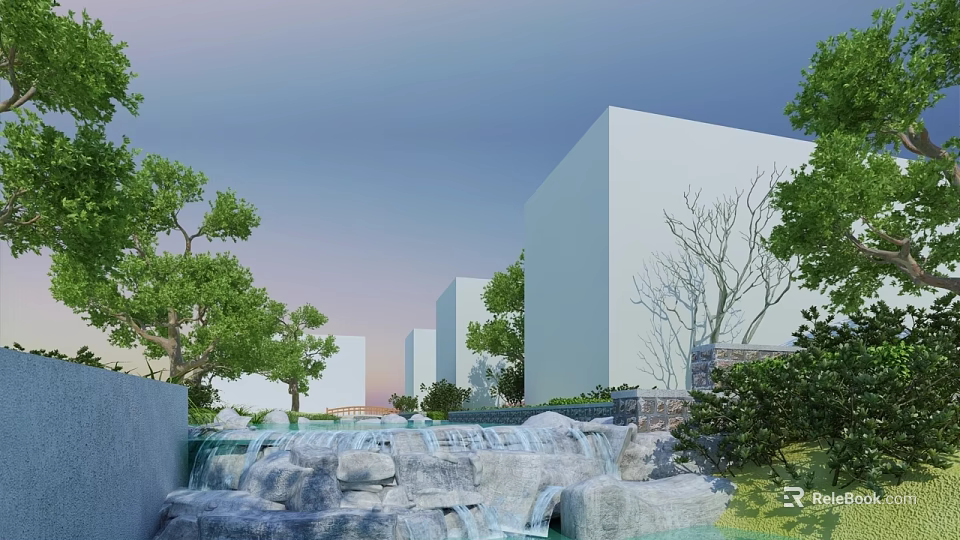 Scenic Water Fountain With Natural Stone Flowing Cascades And Green Trees Near Modern Buildings 3d model 
