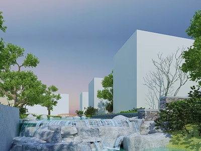 Scenic Water Fountain With Natural Stone Flowing Cascades And Green Trees Near Modern Buildings 3d model