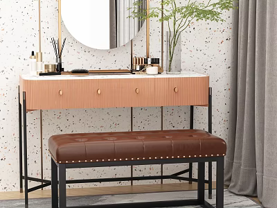 Modern Copper Dressing Table With Round Mirror Drawers Cosmetics Green Plant And Leather Bench 3d model