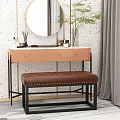 Modern Copper Dressing Table With Round Mirror Drawers Cosmetics Green Plant And Leather Bench