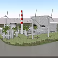 Industrial Factory Plant With Wind Turbines Red And White Chimney And Greenery