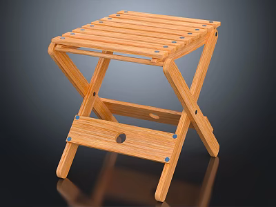 Wooden Folding Stool With Slatted Seat Cross Legs And Metal Rivets 3d model