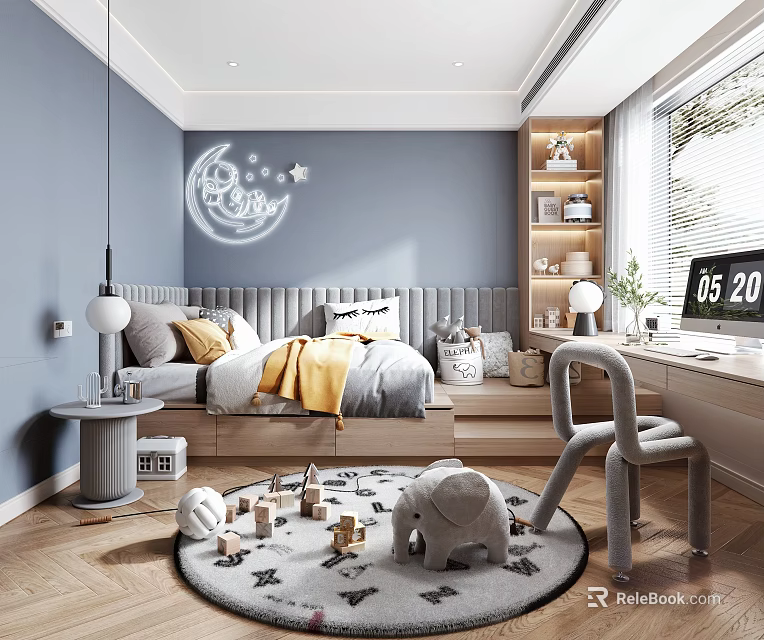Cozy Children's Tatami Bedroom Interior With Moon Star Wall Decor And Toys On Rug 3d model 