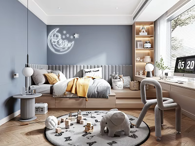 Cozy Children's Tatami Bedroom Interior With Moon Star Wall Decor And Toys On Rug 3d model