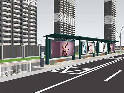 Road Facilities With Bus Stop Shelter Advertising Billboards And Tall Building Background 3d model