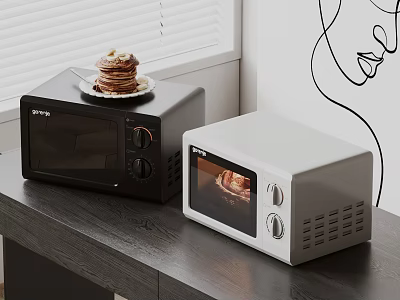 Black And White Microwaves On Kitchen Counter With Pancakes And Roasted Meat 3d model