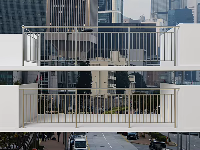 Modern Metal Railing Design on Urban Building Exterior with City Street Background 3d model
