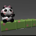 Cute Panda Doll With Pink Bow Sitting On Green Polka Dot Block