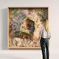 Large Natural Landscape Wall Decor In Wooden Frame With Woman Standing Nearby