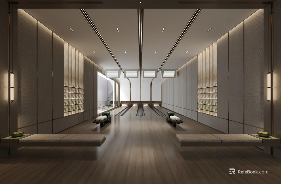Modern Interior Space With Bowling Lanes And Wooden Floors 3d model 