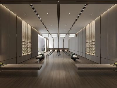Modern Interior Space With Bowling Lanes And Wooden Floors 3d model