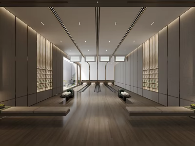 Modern Interior Space With Bowling Lanes And Wooden Floors 3d model