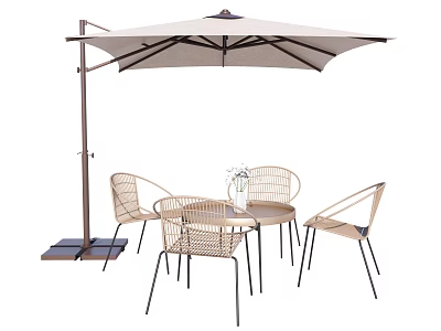Outdoor Landscape Seating With Rattan Chairs Table And Sunshade Umbrella 3d model