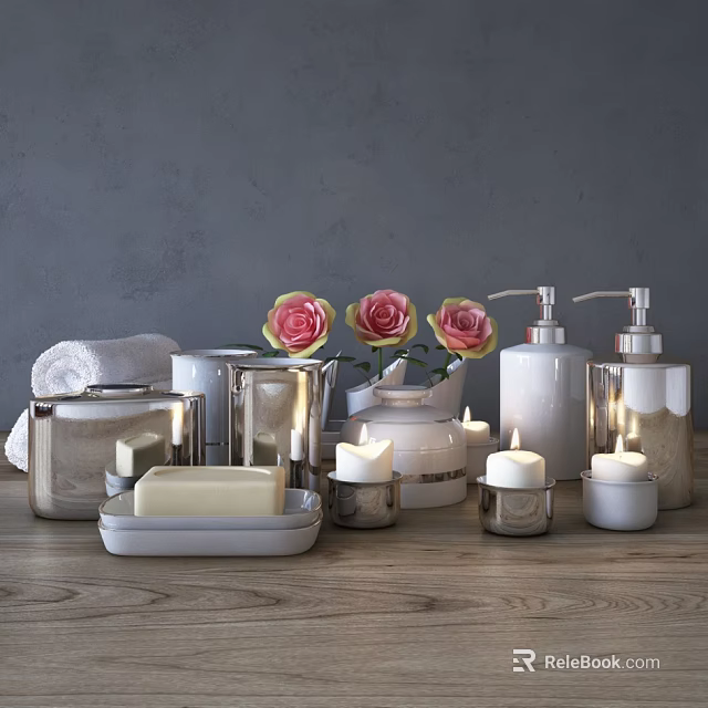 Stylish Modern Bathroom Accessories With Soap Dish Candles Towel Dispensers And Roses 3d model 