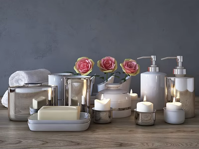 Stylish Modern Bathroom Accessories With Soap Dish Candles Towel Dispensers And Roses 3d model