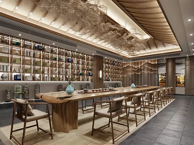 Traditional Teahouse Interior Design With Long Wooden Table And Decorative Display Shelves 3d model