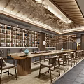 Traditional Teahouse Interior Design With Long Wooden Table And Decorative Display Shelves