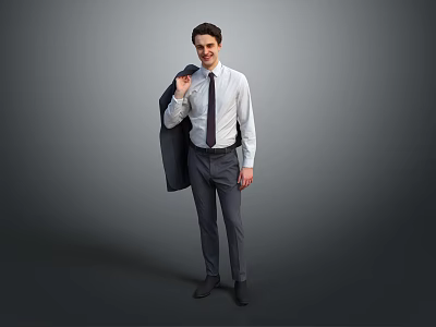 Confident Man In White Shirt And Dark Tie Holding Suit Jacket On Gray Background 3d model