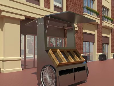 Mobile Vending Cart With Canopy Wooden Display And Red Brick Street Background 3d model