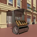Mobile Vending Cart With Canopy Wooden Display And Red Brick Street Background