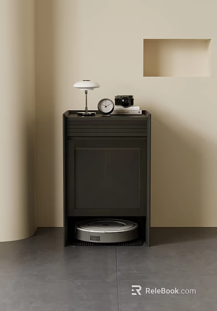 Black Storage Cabinet With Table Lamp Camera Clock On Top And Robot Vacuum Below 3d model 