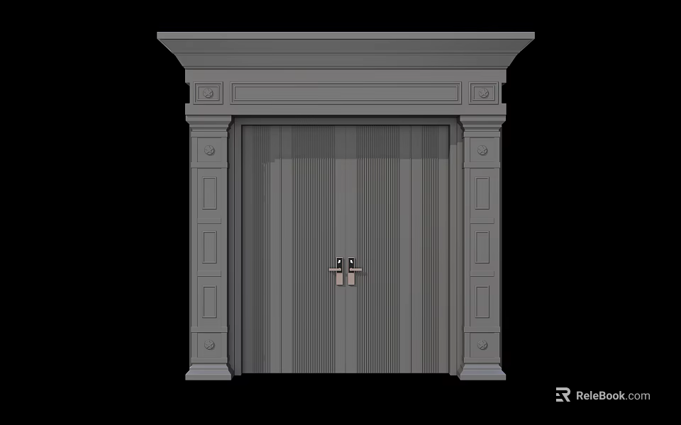 Gray Entrance Door With Double Panel Design And Ornate Architectural Frame 3d model
