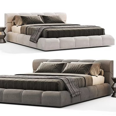 Modern Double Bed With Upholstered Headboard Dark Bedding And Bedside Lamp 3d model