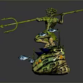 Artistic Decorative Statue With Green Yellow Colors Holding Long Staff And Cacti Blue Fish