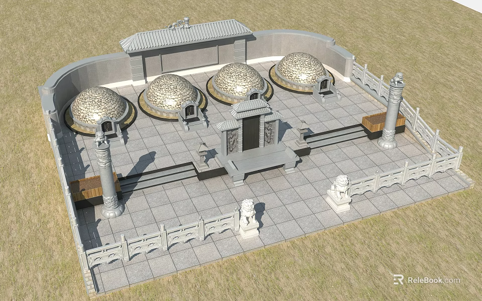 Chinese Traditional Architectural Structure With Stone Domes Stone Railings And Stone Lions 3d model 
