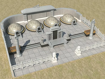 Chinese Traditional Architectural Structure With Stone Domes Stone Railings And Stone Lions 3d model