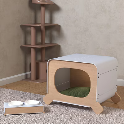 Open Front Wooden and White Storage Cabinet with Green Cushion and Multi Tiered Shelf 3d model