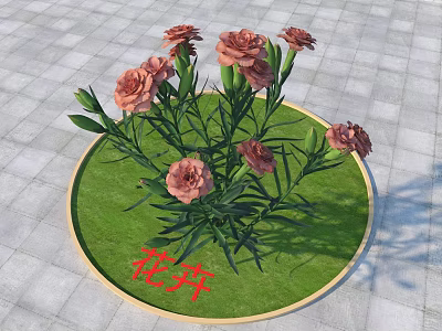 Pink Carnations Growing On Circular Grass Lawn With Golden Border And Red Flower Characters 3d model