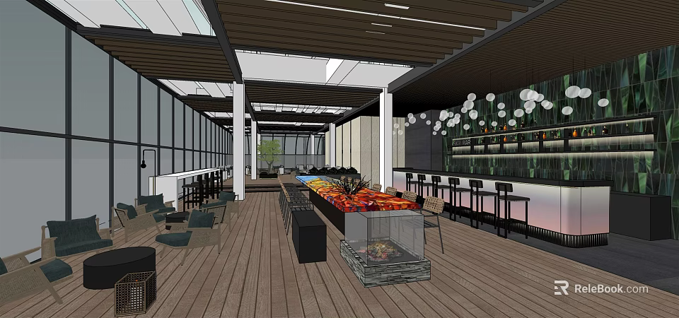 Spacious Modern Café Interior With Wooden Flooring Bar Counter And Decorative Lights 3d model 