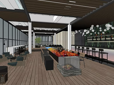 Spacious Modern Café Interior With Wooden Flooring Bar Counter And Decorative Lights 3d model