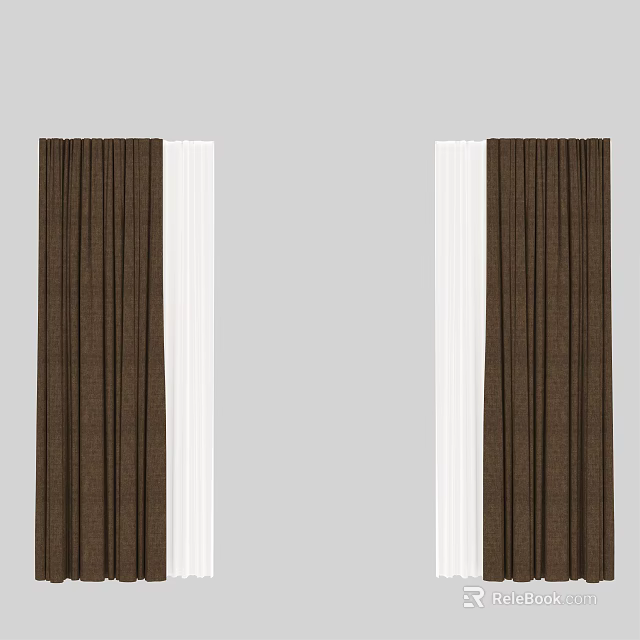 Brown Curtains with White Valances Two Sets on Left and Right Against Gray Background 3d model